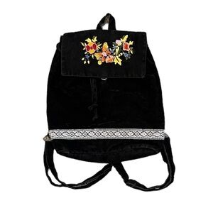 Boho Backpack Bag Black Velvet Floral Butterfly Embroidery